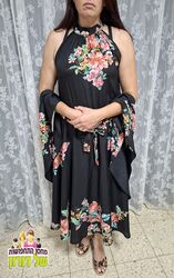 שמלת מקסי שחורה ופרחים שנות ה 70